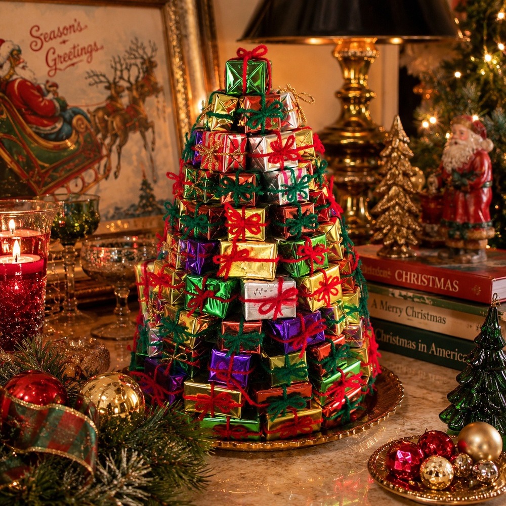 Vintage Handmade Metallic Christmas Gift Box Tree Folk Art Kitsch Holiday Decor